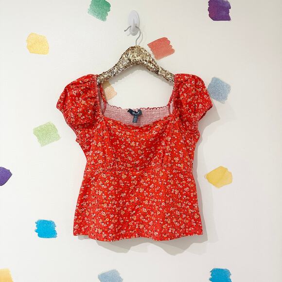 L ModCloth Red Floral Print Smocked Back Cap Sleeve Blouse NWT - Picture 1 of 5